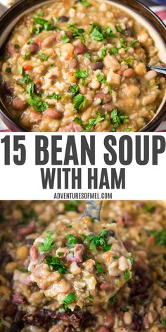 15 bean soup with ham in brown bowl with spoon, ladle full of ham and 15 bean soup over Dutch oven Bean Ham Soup Recipes, 15bean Soup Recipes, Ham And 15 Bean Soup Recipes, Yankee Bean Soup Recipe, 15 Bean Soup Stovetop, 15 Bean Soup With Ham, Ham And Bean Soup Recipes