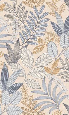 a blue and gold wallpaper with leaves on the back ground, in various colors