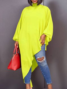 Sku CY-!112596 Material Chiffon Style Loose , Long Sleeves Feature Asymmetric , See-through , Solid Color Neckline High-neck Occasion Casual , Simple Seasons Spring , Summer Type T-Shirts Tops Color RED,WHITE,BROWN,BLACK,YELLOW Size S,M,L,XL,2XL,3XL Please consult the size chart we provide for this item's measurements to help you decide which size to buy.Please note: There may be 1-3cm differ due to manual measurement. CMINCH Bust Shoulder Sleeve Top Length S 136 45 52 114 M 140 46 53 115 L 144 Oversized Solid Color Tops With Asymmetrical Hem, Oversized Tops With Asymmetrical Hem In Solid Color, Yellow Solid Color V-neck Top, Chic Yellow Asymmetrical Top, Yellow Tops With Asymmetrical Hem For Spring, Solid Color High-low Hem Tops For Spring, Spring Yellow Tops With Asymmetrical Hem, High-low Hem Tops For Spring, Spring High-low Hem Top