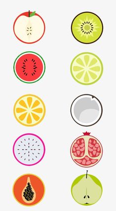 an assortment of fruit cut in half on a white background