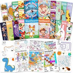 several different children's books and stickers on a white background with the words word search