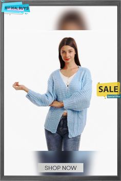 Loose Knitted Casual Cardigan Tops Women Long Sleeve Sweaters Cheap Oversized Long Sleeve Cardigan, Blue Long Sleeve Soft Knit Cardigan, Cheap Button-up Soft Knit Cardigan, Cheap Blue One-size Cardigan, Cheap Cotton Cardigan With 3/4 Sleeves, Long Sleeve Sweaters, Casual Cardigans, Cardigan Tops, Sweater Sleeves