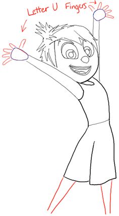 a drawing of a girl holding her arms up in the air with one hand and two fingers