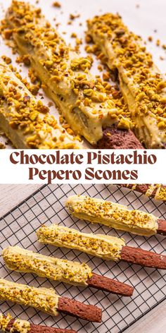 chocolate pistachio peperoni scones on a cooling rack with other ingredients