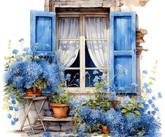 a painting of blue flowers in front of a window