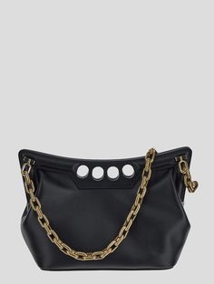 Alexander McQueen small bag in black leather with curve-shaped magnetic frame, embossed gold logo on the front, top four ring handle, antique gold finish metal chain shoulder strap, a main compartment, flap snap pouch and antique gold-toned metal hardware.Gender: WOMENMaterial: 100% LEATHERColor: BlackMade in: ITProduct ID: 7430911BLGN1000*Import tax/duty will be calculated at checkout (If applicable) Gold Shoulder Bag With Metal Logo, Gold Shoulder Bag With Metal Logo For Everyday Use, Modern Gold Bag With Metal Logo, Chic Party Shoulder Bag With Metal Logo, Modern Gold Bags With Metal Logo, Gold Evening Bags With Metal Hardware, Gold Party Bag With Metal Logo, Gold Party Bags With Metal Logo, Chic Shoulder Bag With Metal Logo For Evening