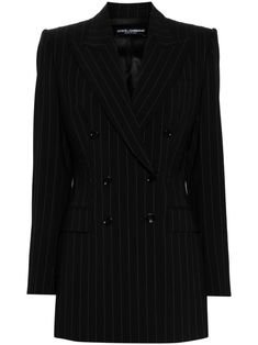 black virgin wool blend pinstripe pattern double-breasted button fastening peak lapels long sleeves buttoned cuffs chest welt pocket dart detailing two side flap pockets central rear vent full lining shoulder pads straight hem Pinstripe Pattern, Yoko London, City Dress, Summer Beach Wear, Ski Wear, Black Blazers, Wool Blazer, Outerwear Women, Dart