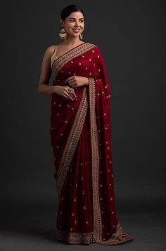 Maroon Saree, Embroidery Saree, Art Silk Sarees, Embroidered Wedding, Stylish Sarees, Saree Fabric, Work Sarees, Traditional Sarees, Bollywood Saree