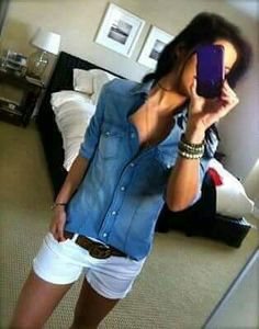 Chambray Shirts, White Shorts Outfit, Chambray Top, Look Casual, Denim Shirt, Chambray