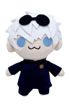 an image of a stuffed doll with blue eyes and white hair wearing a black outfit