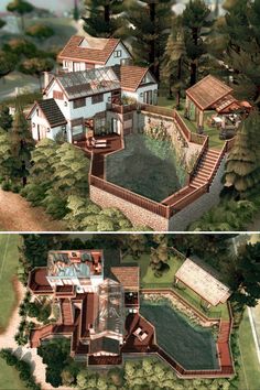 an aerial view of a large house in the middle of two different pictures, one with a pool