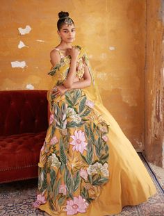 Varun Bahl | Tuscan Yellow Embroidered Lehenga Set | INDIASPOPUP.COM Drape Lehenga, Varun Bahl, Blouse Lehenga, Blouse Yoke, Lehenga Dupatta, Beads Embroidery, Embroidered Lehenga, Lehenga Collection, Yellow Skirt