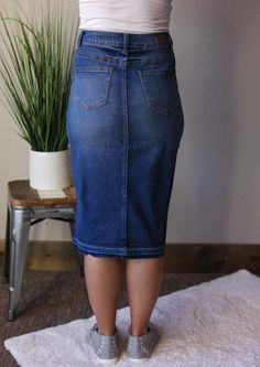 Midi Stretch Knee Length Denim Skirt A STRETCHY, DENIM SKIRT THAT HAS A TWO TONE DETAIL INSERT LOOK. How This Denim Skirt Fits: See approximate flat lay across measurements (waist, hips, length) below: X-Small: 13.75" waist, 16.75" hips, 25.5" lengthSmall: 15" waist, 17.5" hips, 26" lengthMedium: 15.75" waist, 19" hips, 26" lengthLarge: 16.5" waist, 19.75" hips, 26" lengthX-Large: 18" waist, 21" hips, 26" length Classy Closet Online Boutique Shipping: Use the Local Pickup option if you want to a Modest Shirts, Christian Modesty, Skirt Classy, Knee Length Denim Skirt, Modest Shirt, Modest Boutique, Modest Clothing Women, Denim Skirts Knee Length, Classy Closets