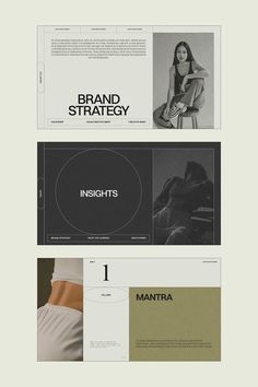 three different types of brochures with the words brand strategy written in black and white