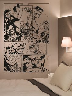 an image of a bedroom with comic panels on the wall