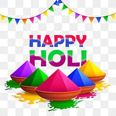 happy holi background with colorful powders and bunting flags