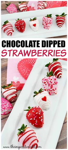 chocolate dipped strawberries are arranged on a white plate with strawberrys in the background