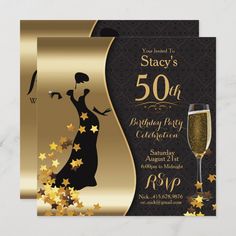 an elegant 50th birthday party with gold stars and a black dress on the front, is shown