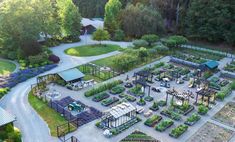 an aerial view of a garden with lots of trees and plants in the middle of it