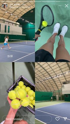 a person holding a tennis racquet on top of a tennis court with balls