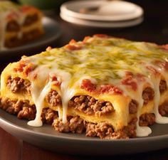 a piece of lasagna on a plate with cheese drizzled over it