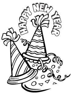 a happy new year hat with streamers and confetti on it coloring page