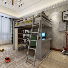 a room with a bunk bed, desk and toy cars on the floor next to it