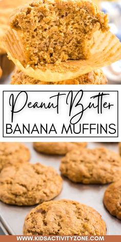 peanut butter banana muffins are stacked on top of each other with the title above it