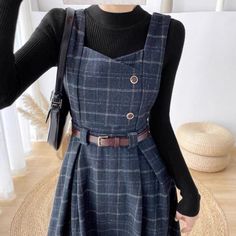 This stunning wool Dark Academia Pinafore Dress with belt is the perfect addition to your winter academia wardrobe! *a sleeveless pinafore dress, top is not included Size S Bust 84cm Waist 66cm Length 103cm Size M Bust 88cm Waist 70cm Length 104cm Size L Bust 92cm Waist 74cm Length 105cm Size XL Bust 96cm Waist 78cm Length 106cm Fall Pinafore Dress, A Frame Dress, Winter Pinafore Dress, Sleeveless Dress With Inner Top, Pinafores For Women, Wool Pinafore Dress, Check Dresses For Women Winter, Plaid Pinafore Dress, Blue Academia Outfits