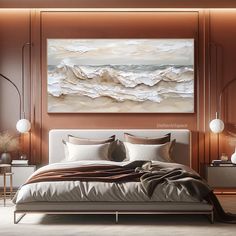 a large painting on the wall above a bed in a room with brown walls and furniture