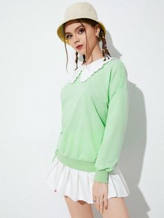 Solid Color Fungus Doll Collar Long Sleeve Casual Sweatshirt Trendy Cotton Tops With Doll Collar, Green Long Sleeve Tops With Ribbed Collar, Trendy Cotton Top With Doll Collar, Green Long Sleeve Top With Ribbed Collar, Green Crew Neck Top With Ribbed Collar, Casual Doll Collar Top For Spring, Green Tops With Ribbed Collar, Cute Crew Neck Top With Ribbed Cuffs, Cotton Tops With Doll Collar For Fall