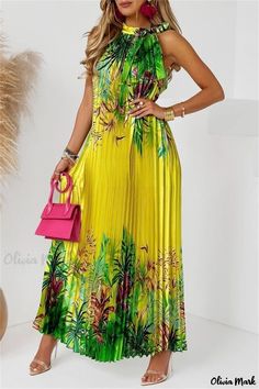 Olivia Mark - Stylish Sleeveless Turtleneck Dress with Unique Print and Pleated Detailing Printed Sleeveless Yellow Maxi Dress, Yellow Sleeveless Pleated Dress, Green Sleeveless Pleated Maxi Dress, Sleeveless Green Pleated Maxi Dress, Green Pleated Sleeveless Maxi Dress, Turtleneck Dress Sleeveless, Maxi Dress Collection, Turtleneck Dress, Spaghetti Strap Maxi Dress