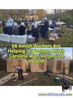 several pictures of people working in the yard with boxes and crates on the ground next to them