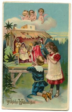 an old fashioned christmas card with children playing