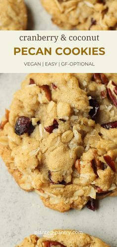 cranberry and coconut pecan cookies with text overlay