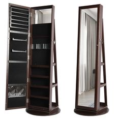 a tall wooden mirror and shelf unit with mirrored doors on both sides, in front of a white background