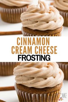 cinnamon cream cheese frosting on top of cupcakes with the title above it