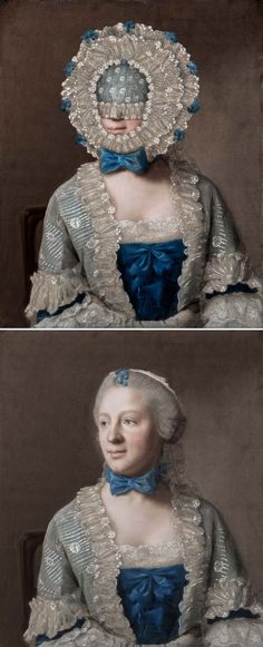 two pictures of the same woman's face in different outfits, one is wearing a blue