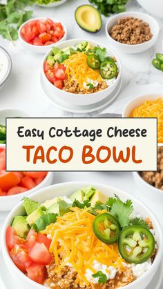 easy cottage cheese taco bowl recipe with tomatoes, avocado and cilantro