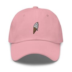 "Indulge in a delectable fashion treat that will make your style scream for joy--the Embroidered Ice Cream Cone Dad Hat! Get ready to scoop up some serious compliments as you flaunt this irresistible accessory that blends the sweetness of ice cream with the coolness of dad hat fashion. This mouthwatering masterpiece is a visual delight, featuring a meticulously embroidered ice cream cone on the front. It's a wearable work of art that will leave onlookers craving their favorite frozen delight. No Cute Cotton Hats For Birthday, Cute Cotton Birthday Hats, Casual Adjustable Dad Hat For Birthday, Cute Dad Hat With Curved Brim, Trendy Baseball Cap For Birthday, Trendy Birthday Baseball Cap, Cute Baseball Cap For Birthday, Pink Curved Brim Baseball Cap As Gift, Cute Birthday Baseball Cap