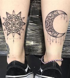 two tattoos on the legs of people with moon and star tattoo designs on their feet