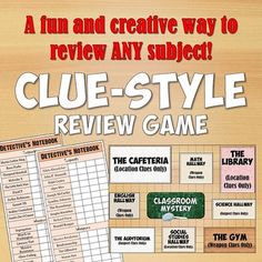 the clue - style game is on display in front of a wooden background with words and pictures