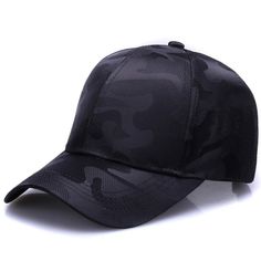 a black baseball cap with camouflage print on the front and side, sitting against a white background