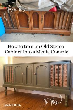 an old stereo cabinet turned into a media console