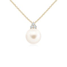 Topped with dazzling trio diamonds is a beautiful Freshwater cultured pearl. This elegant and classic pearl pendant is crafted in 14k yellow gold. Classic Akoya Pearl Diamond Necklace For Anniversary, Classic White Pear Shaped Diamond Necklace, Classic White Pear-shaped Diamond Necklace, Classic White Diamond Pear-shaped Necklace, Classic Gold Diamond Pearl Necklace, Classic Pearl Necklace With Diamond Accents, Classic Pearl Necklace With Diamond And Pearl Charm, Classic Diamond Pearl Necklace With Pearl Charm, Classic Gold Diamond Necklace With Pearl Pendant