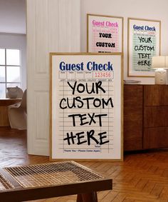 there is a sign that says guest check and your custom text here on the wall