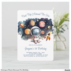 an astronaut birthday party card with the words, first trip around the sun on it