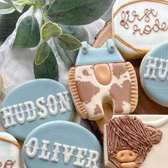 decorated cookies with the words hudson and an image of a cowboy on them are shown