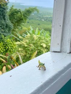 a small toy lizard sitting on top of a window sill