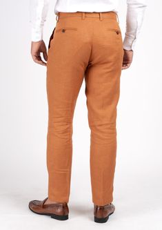 Add a stylish statement to your wardrobe with these unique burnt orange linen pants! Crafted with pure linen for a crisp, lightweight feel, this custom-made piece is sure to stand out. Make a fresh impression with these eye-catching custom made pants! Fitted Linen Bottoms With Pockets, Tailored Linen Straight Pants, Tailored Linen Ankle-length Pants, Linen Dress Pants Trousers For Summer, Linen Trousers With Welt Pockets, Fitted Linen Dress Pants With Tapered Leg, Tailored Linen Dress Pants For Summer, Summer Linen Tapered Leg Dress Pants, Fitted Linen Pants For Workwear